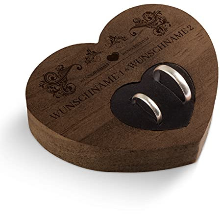 Hochzeit Ringkissen Herz Ringhalter individuell Namen 10 x 8,5 cm Kebony Holz - Vintage