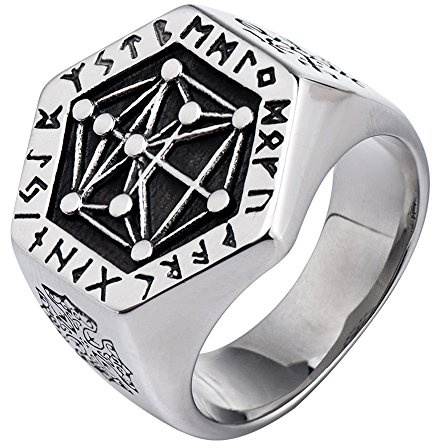 Punk Titan Edelstahl Zehn Sephirot Kabbalah Baum des Lebens Ring mit Viking Runen für Herren Damen Größe 54