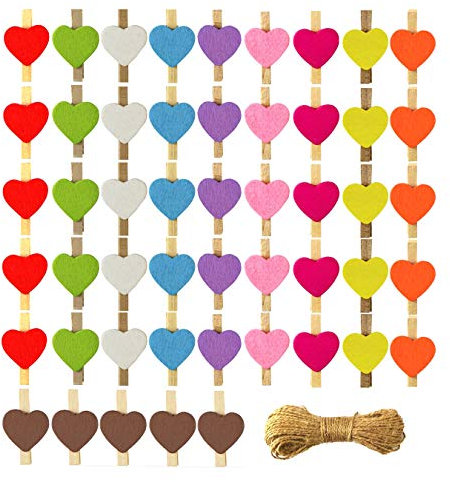 50 Pezzi piccole mollette colorate decorative in legno, a forma di cuore, 10 m Spago di Iuta