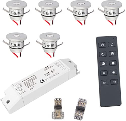 VBLED® Lot de 6 mini spots encastrables 1 W avec télécommande, mini spot IP65 blanc chaud avec transformateur sans fil LED 12 V CC IP20 (extensible jusqu'à 10 LEDs) [Classe énergétique A++]