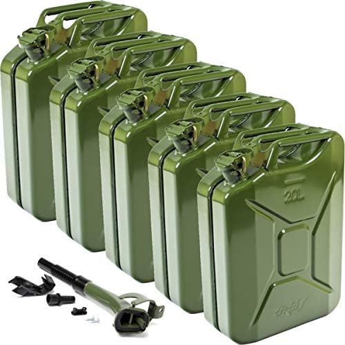 Oxid7® 5x Bidón metálico de combustible 20 litros verde oliva incl. embudo de llenado | Apto para gasolina, gasóleo y bioetanol | Bidón de gasolina 20L con homologación UN y homologado
