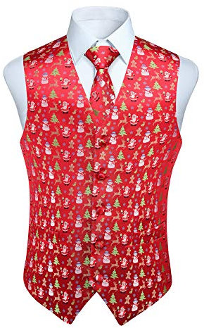 Enlision Herren Spaß Weihnachten Weste Rot Festlich Happy Santa Claus Weste Krawatte Tasche Tasche Taschentuch Set XS-4XL
