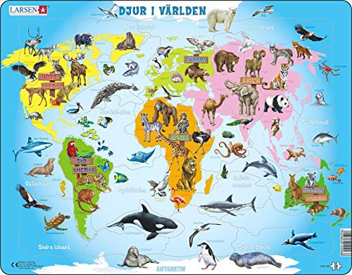 Larsen Puzzles A34 Tiere der Welt Puzzle Kinder Schwedisch Ausgabe 28 Teile Lernpuzzle Weltkarte Tierarten Pädagogisch