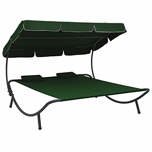 Tidyard Garten Sonnenliege Doppel-Lounge-Bett Tagesliege mit Sonnendach Kissen Doppelliege Gartenliege Liegestuhl Liege Relaxliege Gartenm?bel Strandliege Freizeitliege 200 x 173 x 135 cm Grün