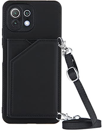 PekaTech Handykette für Xiaomi Mi 11 Lite 5G, PU-Leder Hülle- Handyhülle mit Band zum Umhängen - Klapptasche Handytasche Case mit Handy-Kette, Kartenfach und Portmonee, Schwarz