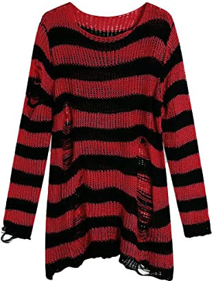 Blooming Beauty Damen Gothic Punk Grunge Pullover Langarm Rundhals Oversize Gestreifte Zerrissene Lange Strickpullover Pulloverkleid Longpullover Oberteile Tops (Einheitsgröße, Rot)