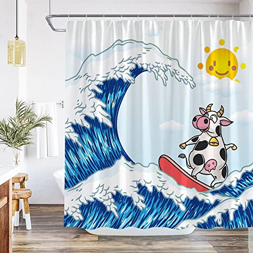 QWRSMYX Rideau de douche humoristique en tissu avec crochet - Motif vache - Vache - Surf - Soleil d'été - Kanagawa - 178 x 178 cm