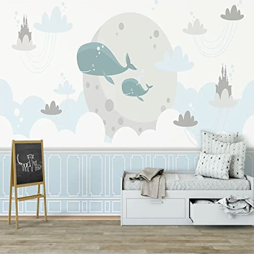 Papel tapiz mural personalizado Dibujos animados Cielo azul Nube blanca Pequeño pez Azul Habitación de niños Fondo Pintura de pared 400 cm (L) × 280 cm (H)