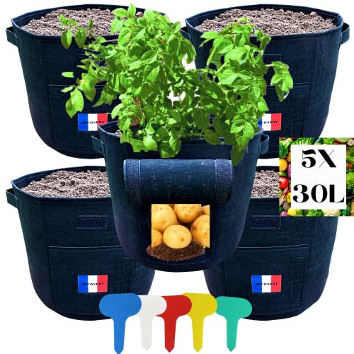JECOVERT Sac plantation Pomme de Terre, Tomate Cerise, Plante – Sacs de Culture Rond, 30l – Kit jardinage Potager Interieur, Exterieur | Tissu Geotextile pour Fraise, Fleur, tomates, Legumes| Lot 5pcs