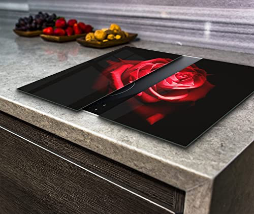 Hob Cover Induction Electric Cooker Chopping Board Glass, Red Rose on the Black, Set of 2, 2x wide 30, height 52 /cm (2x wide 30 x height 52 /cm)