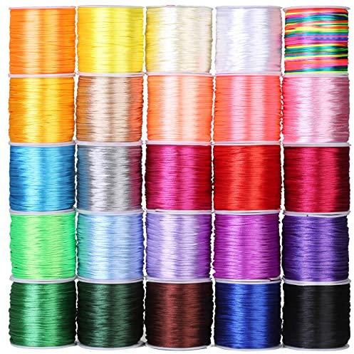 Cridoz Lot de 25 bobines de Cordon satiné Soyeux Multicolore pour Bracelets, Colliers, macramé, Sacs à Cordon, Cordon de Perlage pour Loisirs créatifs