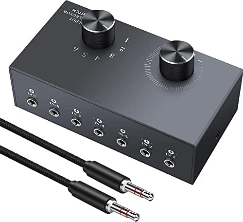 LiNKFOR Conmutador de Audio Estéreo de 3,5mm 6(1)-In-1(6)-out Switcher de Audio Estéreo Bidireccional 6 Entradas 1 Salida/1 Entrada 6 Salidas con Control de Volumen para PC Móvil Altavoces