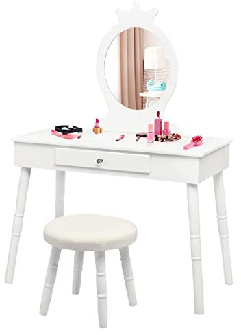 DREAMADE Schminktisch Kinder, Frisiertisch mit Spiegel & Hocker, Kosmetiktisch mit Schublade, Kinderschminktisch für Mädchen (Weiß)