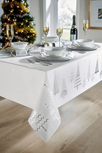 Lex's Linens Tovaglia natalizia con sfondo bianco croccante con stampa albero di Natale in lurex argento (tovaglia 132,1 x 274,3 cm)