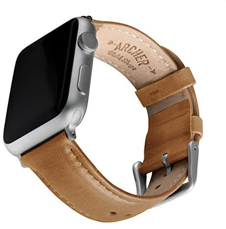 Archer Watch Straps - Correas de Reloj de Cuero de Grano Superior para Apple Watch (Camel/Costura a Juego, Plata, 40/41/42mm)