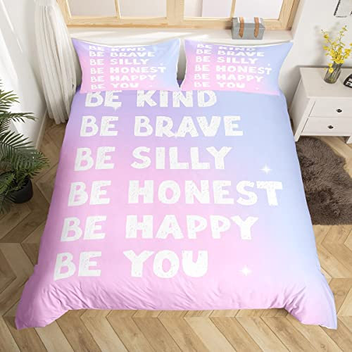 Inspirational Duvet Cover Set King Size, White Word Print Bedding Set 3pcs for Kids Boy Girls Bedroom Decor, Pink Lilac Gradient Comforter Cover Soft Polyester Quilt Cover with 2 Pillowcases