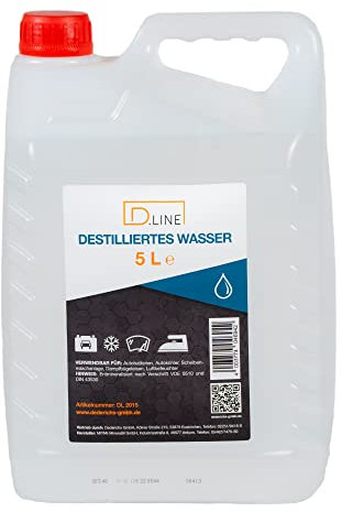 D.LINE Destilliertes Wasser 5 Liter, Entmineralisiert nach Vorschrift VDE 0510 und DIN 43530 (1 x 5 Liter)