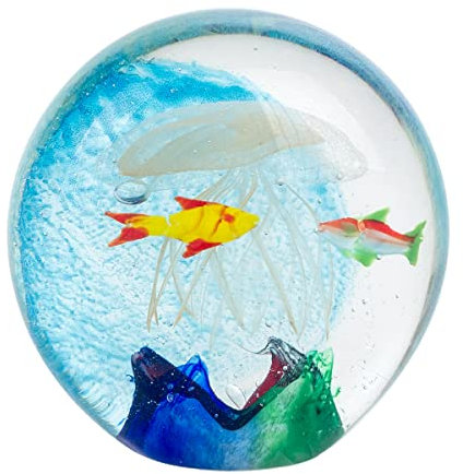 ROCKING GIFTS Briefbeschwerer Kristallkugel mit Fischen und Qualle auf Meereshintergrund, leuchtet im Dunkeln, Elegante Tischdekoration für Schreibtisch, Büro, Büro, Eingangshalle, 10 cm