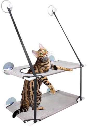 Cat Window Bed Hammock Double Layer Safety Cat Shelves Window Perch Strong Suction Cups Window Mounted Cat Seat for Indoor Cats Resting Sunny Sleeping Holds Up to 55lbs