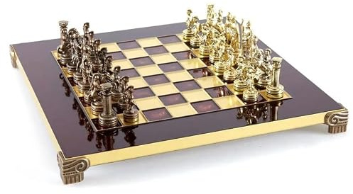 Griechisch-römische Mythologie-Schach-Set – Messing & Kupfer – mit rotem Brett und Holzkoffer