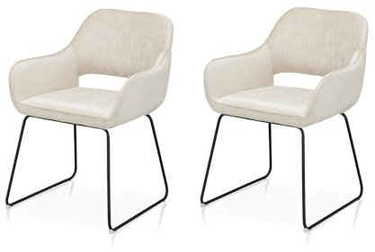 KHG 2er Set Esszimmerstuhl Polsterstuhl mit Armlehnen Creme Industrial Look - Kufenstuhl Armlehnstuhl (BHT) 56x82x59 cm - Kuschelweicher Boucléstoff perfekt für Esszimmer Küche Büro