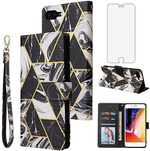 Asuwish Handyhülle für iPhone 7/8/SE 2020 2022 Hülle mit und Kartenfach Klappbar Leder Geldbörse Ständer i SE2020 SE2022 2/2nd 3/3rd Generation 7s 8s 6SE SE2 SE3 Handy Hüllen Marmor Phone Case Schwarz