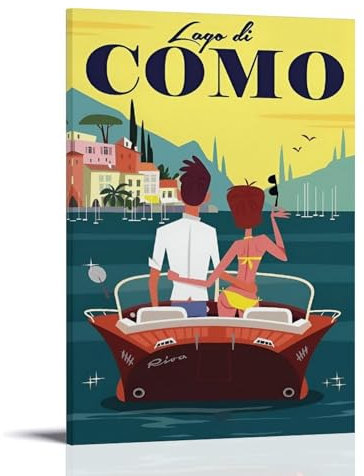 YBJDLO Vintage-Reiseposter Lake Como, Zimmer-Wohnzimmer, Dekoration, moderne ästhetische Wandkunst, Geschenk für Freunde, Bettrahmen-Stil, 50 x 75 cm