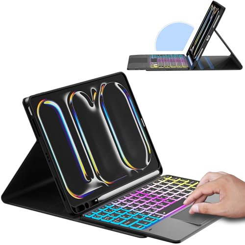 for iPad Pro 11-inch (M4) 2024 Case with Detachable Keyboard : DIY 3-Zone 7 Color Backlight Tablet Keyboard Cases with Touchpad - 11 iPad Pro 2024 (M4) UK Layout Keyboard Cover with Pen Holder