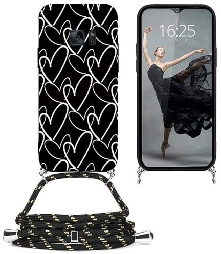 EuoDuo Kompatibel mit Samsung Galaxy S7 Hülle mit Band Handyhülle Handy Kette Schwarz Silikon Muster Motiv Schutzhülle Kordel zum Umhängen Necklace Halskette Cover - Weiß Herzen