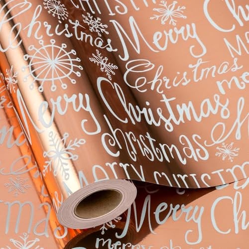 MAYPLUSS Foil Christmas Wrapping Paper - 17 Inch X 33 Feet - Girly Rose Gold MERRY CHRISTMAS Script and Snowflake Girl Winter Gift Wrap Present Paper Roll for Christmas, Holiday, Festive Decoration
