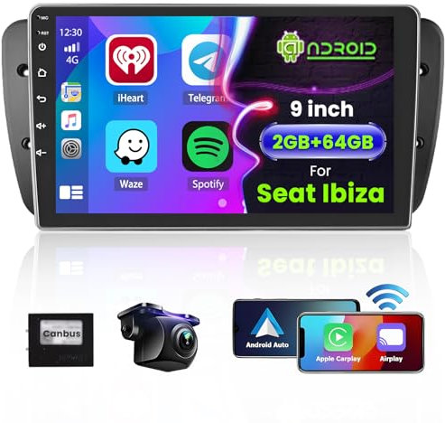 Hikity 2G+64G Radio Pantalla para Seat Ibiza 6J 2009-2013 Inalámbrica Carplay Android Auto, 9 Pulgadas Pantalla Android 15 Radio con GPS Bluetooth WiFi DSP FM RDS SWC Mic Cámara Trasera