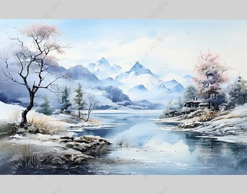 Fototapete Schnee Berg Fluss Bäume Naturlandschaft Vliestapeten Tapete Schlafzimmer Wohnzimmer Fototapete 3D Tapete 150Cm(W)*105Cm(H)