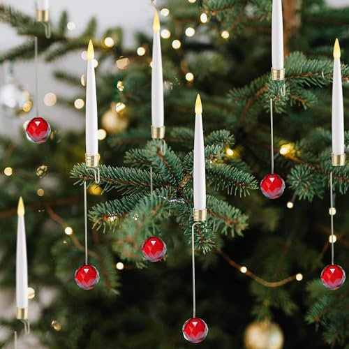 JOIONE Christmas Tree Candles with Hooks and Remote Control - Pack of 12 Flameless LED Sparkling Candles with Timer for Holiday Decoration - Red Crystal Glass Ball