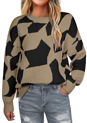 Theenkoln Damen Pullover Winter: Herbst Frühling Gestrickt Farbblock Strickpullovers Pulli Mode Langarmshirts Locker Sweatshirts Baggy Jumper Modern Gerippter Rundhals Hoodies Beige Schwarz L