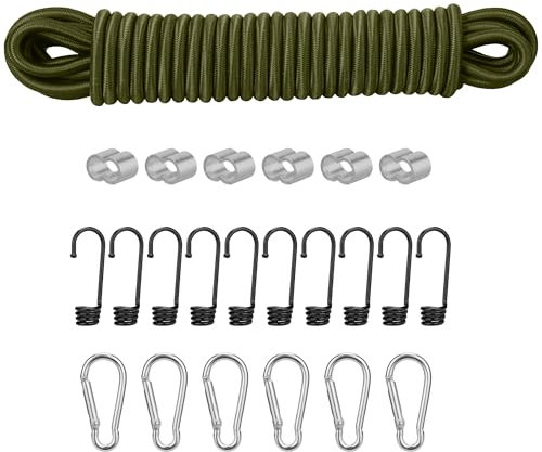PRETEX Corda Elastica - Ø 8 mm x 10 m - con 10 Ganci e 6 Moschettoni per Teloni e Striscioni - Cinghia Portapacchi per Fai da Te - Resiste alle Intemperie e ai Raggi UV - Verde
