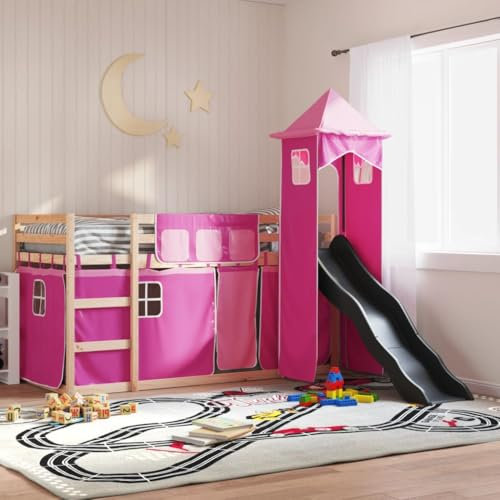 INLIFE Lit superposé avec Toboggan et Rideaux Rose 90x190 cm Meubles,Lits,Accessoires,Lits,Cadres de lit Rose 45.21KG