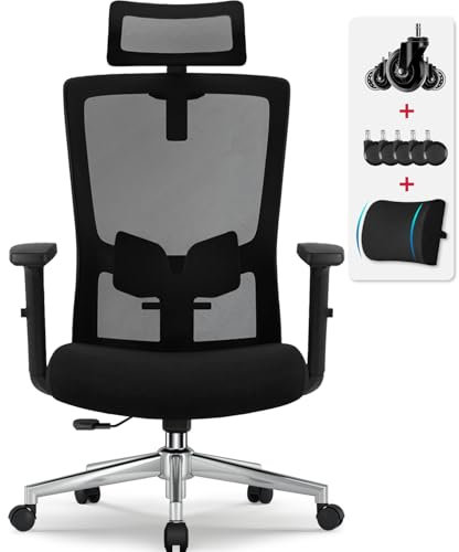 Airchros Ergonomischer Bürostuhl, Bürostuhl Ergonomisch mit Verstellbarer Lendenwirbelstütze, Armlehnen und Kopfstütze, Drehstuhl Schreibtischstuhl, Bürostuhl 150 kg Chefsessel Wippfunktion bis 135°