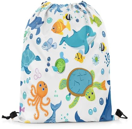 Loussiesd Cartoon Meer Schildkröte Turnbeutel 30x40cm Wasserdichter Niedlich Delphin Wal Fische Sportbeutel Sporttasche Kawaii Quallen Rucksack mit Kordelzug Meereslebewesen Sealife Zuziehbeutel