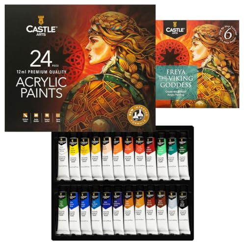 Castle Art Supplies Juego de 24 pinturas acrílicas de 12 ml | Nueva fórmula mejorada | Juego de valor para principiantes o artistas adultos | Colores intensos | Suave para usar en una
