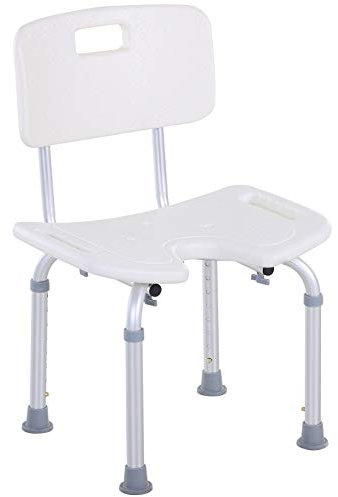 HOMCOM Sedia Doccia Regolabile su 8 Livelli con Fori di Drenaggio e Seduta a U, Sedia da Doccia in Alluminio e PE, 48x42x71-83.5 cm, Bianco e Argento