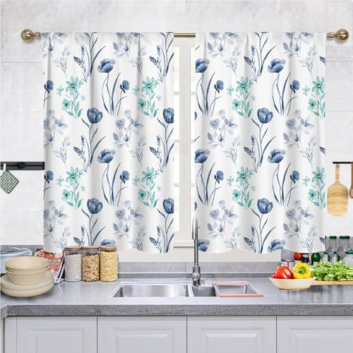 Highdi 2 Stück Kurzgardine Modern Wohnzimmer Küchen, Kurzer Vorhang Fenster Durchscheinend Fenstergardinen, Bistrogardine Stab Tasche Halbe Fenster Behandlung für Home Decor (Blaue Rose,70x50cm)