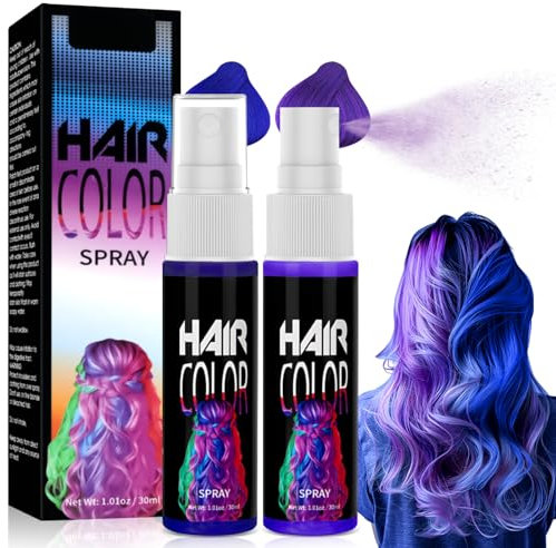 WEILAOK Spray Tinte Pelo Temporal, Tinte Temporal para el Cabello, Morado+Tintes Azul Pelo, Spray pelos Color Temporals Carnaval para Fiestas de Disfraces Cosplay Halloween, Tintes Rápido -30ml