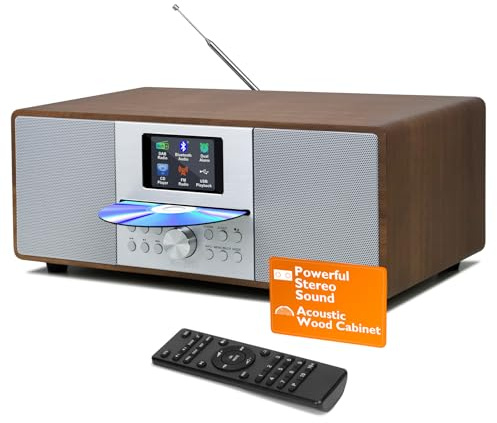 MangoKit MS4+ CD Player DAB Radio Hifi System I Bluetooth I Powerful Stereo System I Digital Radio DAB+I Acoustic Wood Cabinet ICD Player With Speakers I40 Presets, Headphone Jack I Walnut Finish