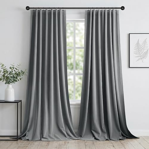 PLODAXE 2er Set Samtvorhang Kräuselband, Schöne Samt Gardinen Verdunkelung Multifunktionsband, Thermogardine, Velvet Blickdichte Vorhänge Wohnzimmer, Schlafzimmer (H244xB132CM, Grau)