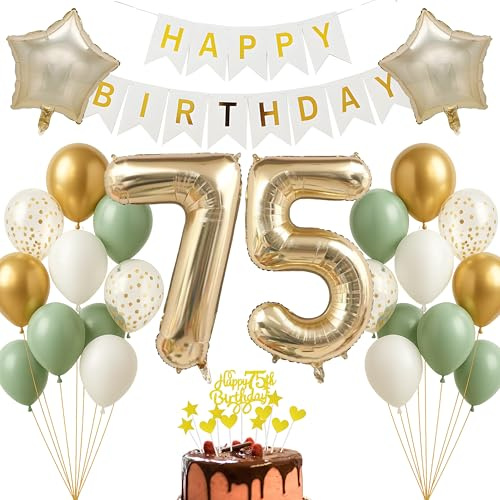 75 Jahre Geburtstag Deko Set Champagnergold Weiß Salbeigrün Happy Birthday Banner für Erwachsene Frauen Männer Dekoration zum 75. Geburtstag Meilenstein Geburtstagsdeko Fotohintergrund Ballondeko