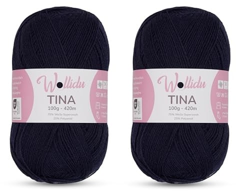 Wollidu Tina Strumpfwolle/Sockengarn 4-fädig 2er Set – 75% Wolle 25% Polyamid – 100g/420m – Nadelstärke 2–3 mm – uni Sockenwolle – Farbe Marineblau