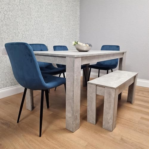 KOSY KOALA Modern Stone Grey Effect Dining Table Set with Bench and 4 Blue Velvet Chairs