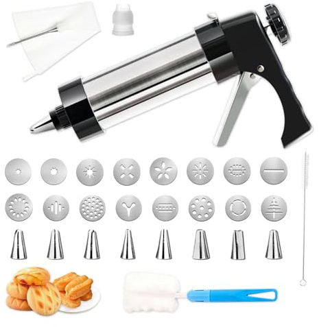 GYYXH Edelstahl Gebäckpresse mit 9 Tüllen und 16 Schablonen Profi Teigspritze Kekspresse Spritzgebäck Gebäckspritze für Spritzgebäck Plätzchenpresse für Kuchen Kekse Churros