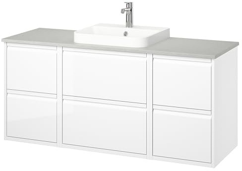 ProTuning BACKSJÖN/ÄNGSJÖN Lavandino/lavabo/rubinetto, effetto pietra bianco/grigio lucido, 142x49x71 cm