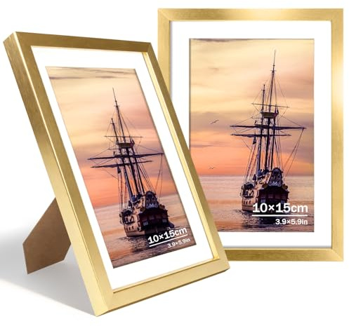FOSER Bilderrahmen 10×15 cm, 1 Stück, Versatile Bilderrahmen Holz Gold, für Wand und Tisch, mit Wandhaken und Halterungen (Gold, 10×15cm / 2x)